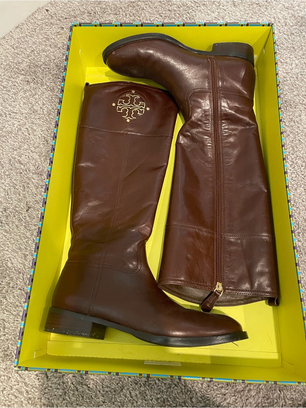 Tory Burch Dark Brown Leather Tall Riding Boots with Gold Logo